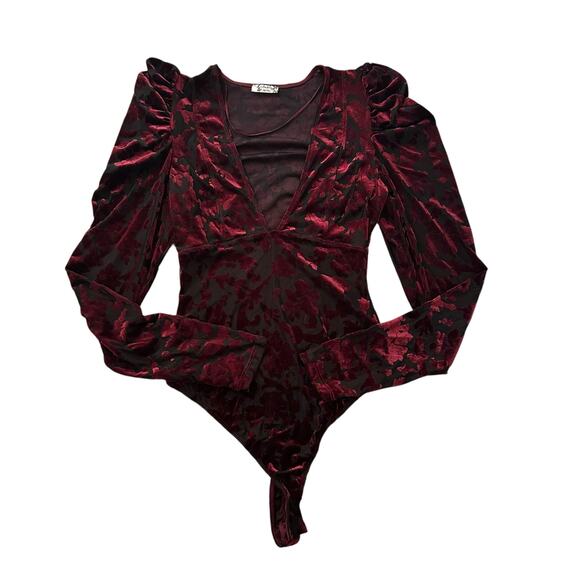 Free People Intimately black & red velvet mesh long sleeve bodysuit size XS - Picture 11 of 11
